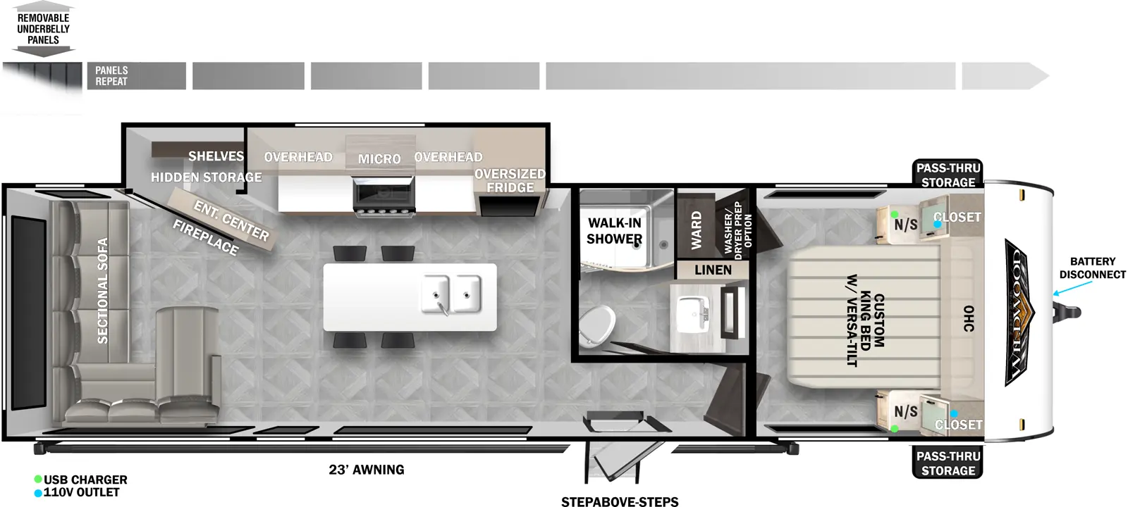 The Wildwood 28VIEW floorplan has one slideout and one entry. Exterior features removable underbelly panels, 23 foot awning, battery disconnect, StepAbove steps, and front pass-thru storage. Interior layout front to back: foot facing custom king bed with versa-tilt, overhead cabinet, closet and nightstand on each side, and off-door side wardrobe with optional washer/dryer prep; off-door side full bathroom with walk-in shower and linen closet; entry door outside of bathroom; off-door side slideout with oversized refrigerator, overhead cabinets, microwave, and entertainment center with fireplace, and hidden storage shelves behind; kitchen island with sink and bar stools; sectional sofa wraps around the rear to the door side.